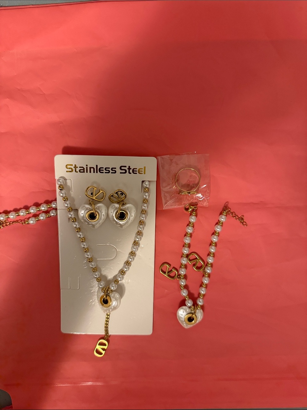 Gold Pearl Heart Necklace and Earring Set - Stainless Steel